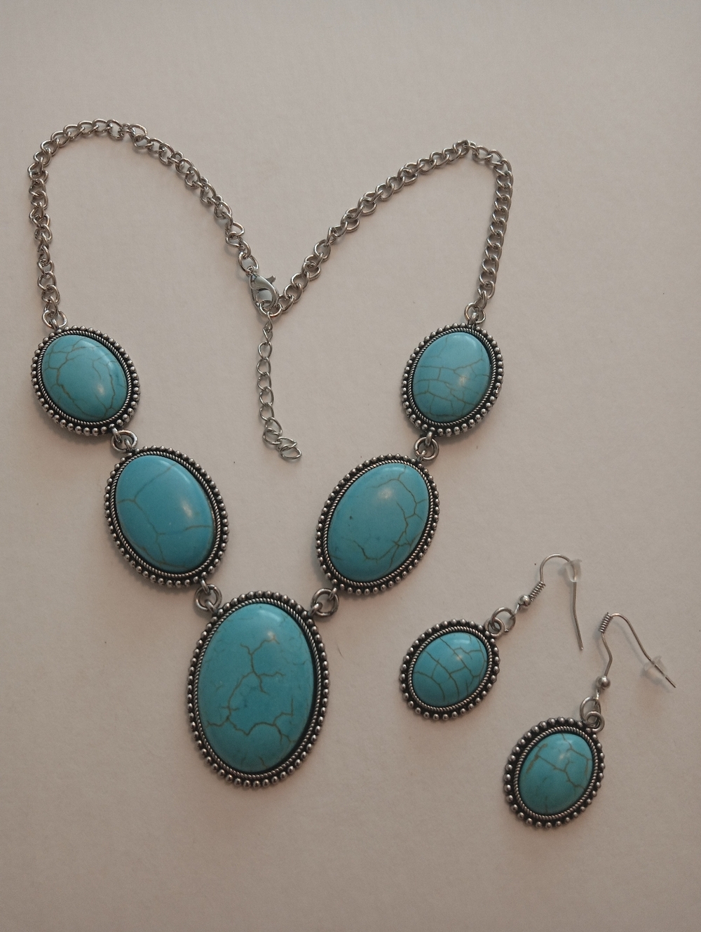 #1215.  Silver Toned, Semi Precious Stone, Faux Turquoise Necklace & Earring Set